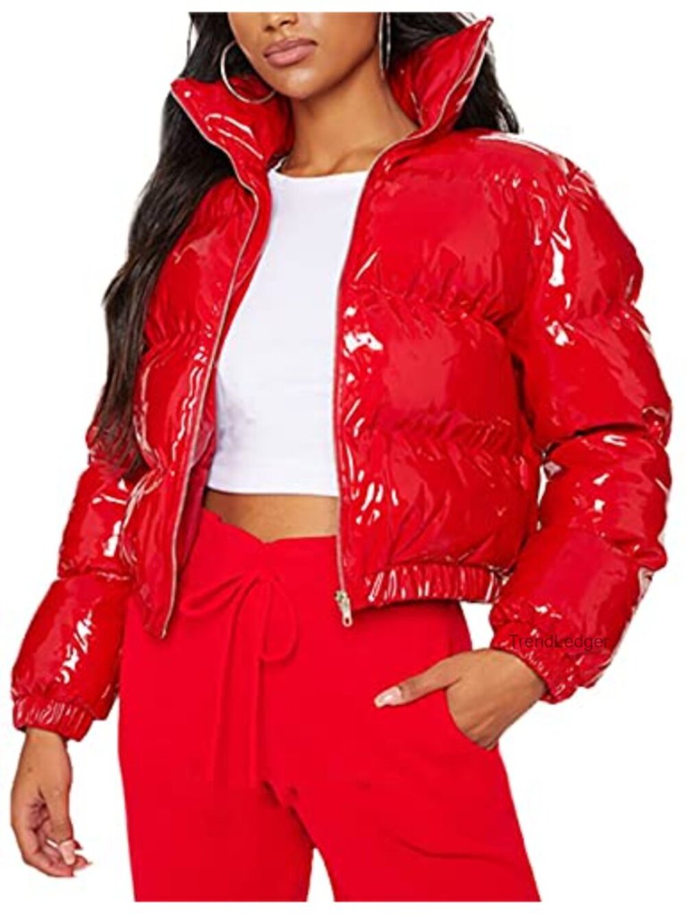 Cropped Puffer Jacket Shiny Zip Up Short Bubble Puffy Coat Winter